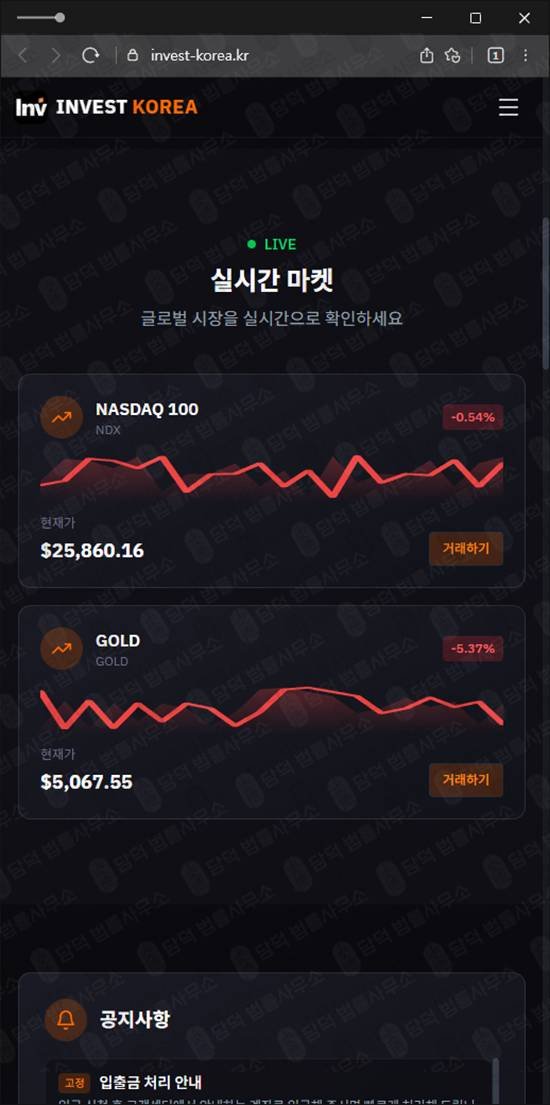 이 사진은 담덕법률사무소에서 캡쳐해둔 옵션거래 웹사이트 캡쳐 사진이며 URL은 invest-korea.kr 입니다.