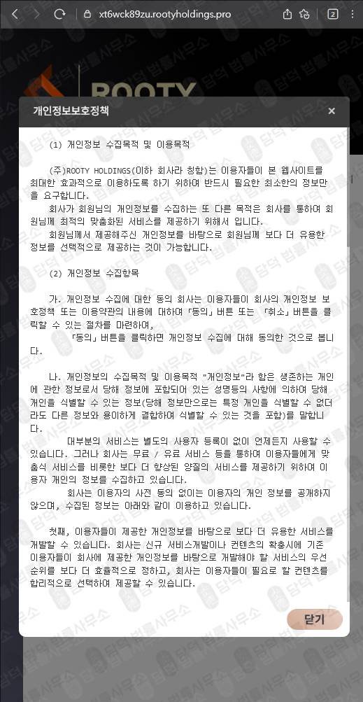 이 사진은 담덕법률사무소에서 캡쳐해둔 루티홀딩스 웹사이트 캡쳐 사진이며 URL은 rootyhd.com 입니다.