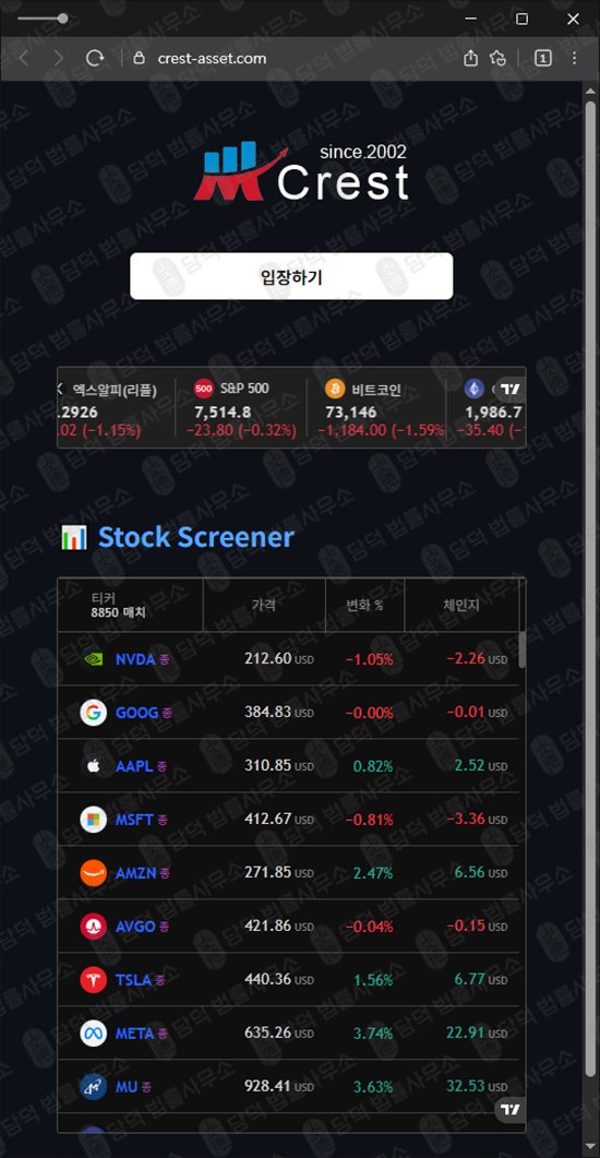 이 사진은 담덕법률사무소에서 캡쳐해둔 크레스트(Crest) 웹사이트 캡쳐 사진이며 URL은 crest-asset.com 입니다.