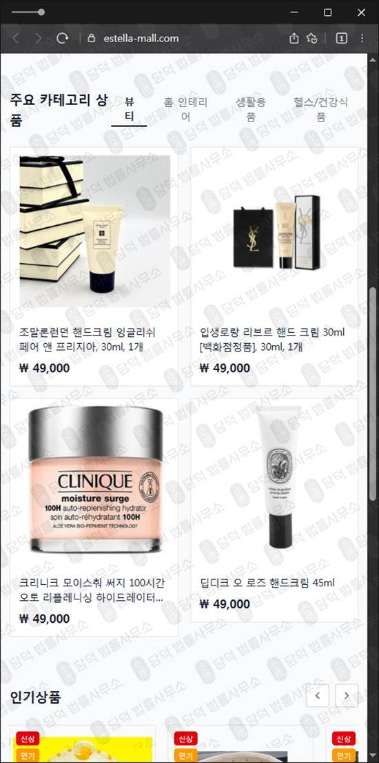 이 사진은 담덕법률사무소에서 캡쳐해둔 팀미션(Estella) 웹사이트 캡쳐 사진이며 URL은 estella-mall.com 입니다.