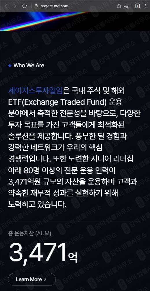 이 사진은 담덕법률사무소에서 캡쳐해둔 탐지된 웹사이트 캡쳐 사진이며 URL은 sagesfund.com 입니다.