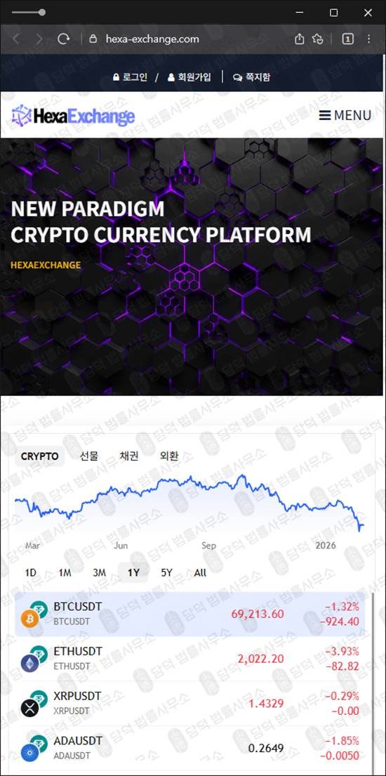 이 사진은 담덕법률사무소에서 캡쳐해둔 헥사익스체인지(HexaExchange) 웹사이트 캡쳐 사진이며 URL은 hexa-exchange.com 입니다.