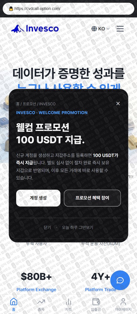 이 사진은 담덕법률사무소에서 캡쳐해둔 사칭(INVESCO) 웹사이트 캡쳐 사진이며 URL은 cvdcall-option.com 입니다.