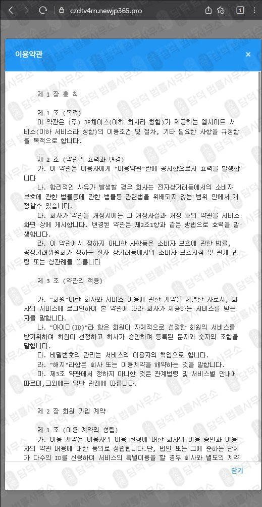 이 사진은 담덕법률사무소에서 캡쳐해둔 체이스(JP) 웹사이트 캡쳐 사진이며 URL은 newjp365.pro 입니다.
