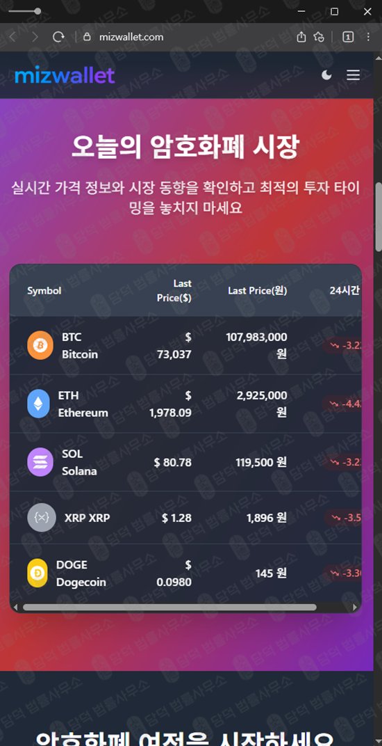 이 사진은 담덕법률사무소에서 캡쳐해둔 미즈월렛사기(URL) 웹사이트 캡쳐 사진이며 URL은 mizwallet.com 입니다.