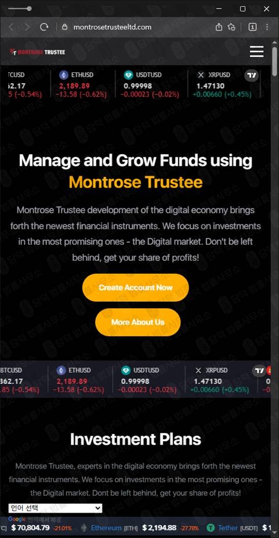 이 사진은 담덕법률사무소에서 캡쳐해둔 로맨스스캠(Montrose Trustee) 웹사이트 캡쳐 사진이며 URL은 montrosetrusteeltd.com 입니다.
