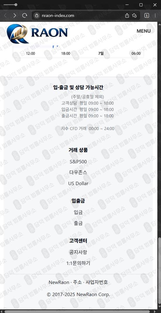 이 사진은 담덕법률사무소에서 캡쳐해둔 뉴라온(P500) 웹사이트 캡쳐 사진이며 URL은 nraon-index.com 입니다.