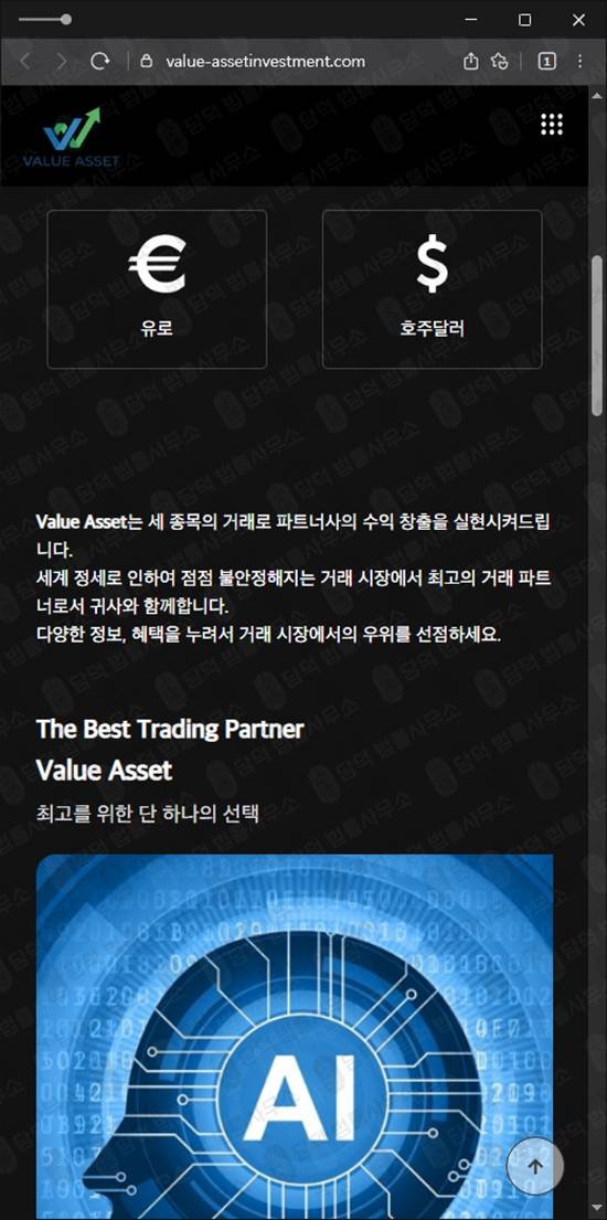 이 사진은 담덕법률사무소에서 캡쳐해둔 피해자(Value Asset) 웹사이트 캡쳐 사진이며 URL은 value-assetinvestment.com 입니다.