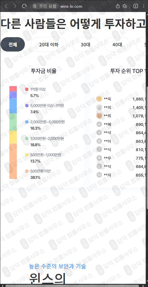 이 사진은 담덕법률사무소에서 캡쳐해둔 거래소사기(WinsKR) 웹사이트 캡쳐 사진이며 URL은 wins-kr.com 입니다.